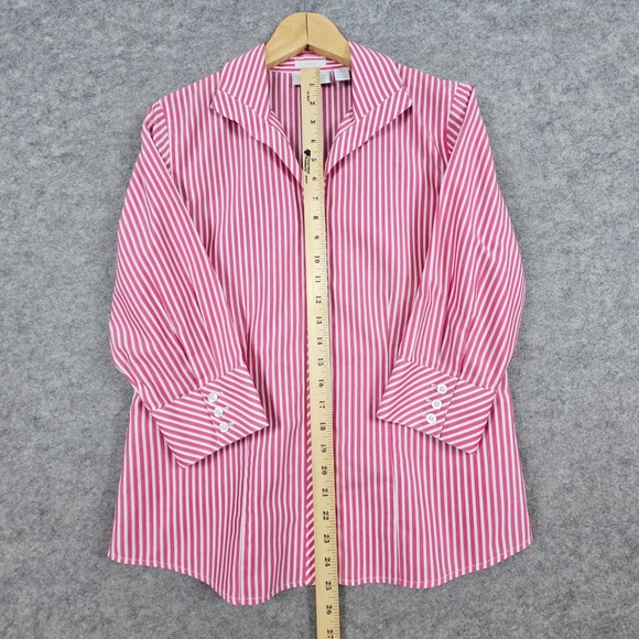 Chicos No Iron Red & White Stripe Button Up Shirt Women's Size 0 (S) 3/4 Sleeve - Picture 7 of 9